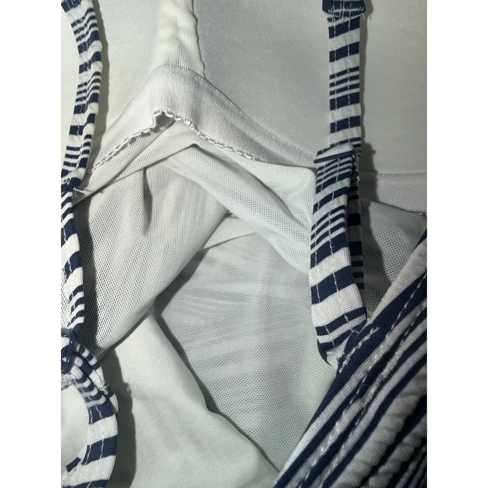 Niptuck blue and white striped one piece swimsuit ruched sides women's 4